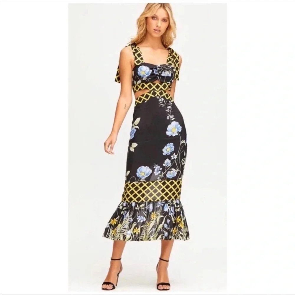 Alice McCall Black Floral Midi Dress with Yellow Lattice